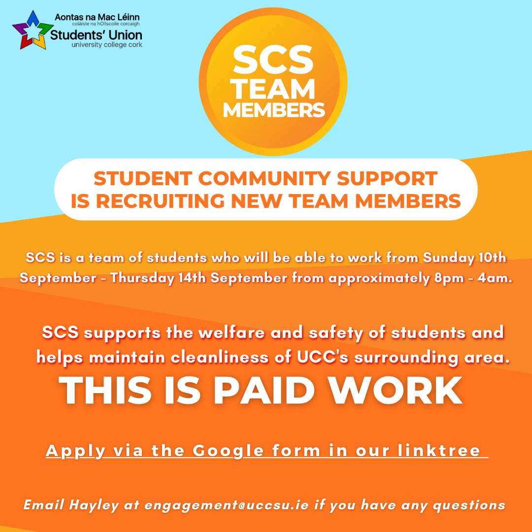 UCCSU is hiring for Student Community Support Workers for Freshers Week 2023! 📢🚨 You must be available to work any days between Sunday September 10th - Thursday September 14th 💙🧡 APPLY NOW: docs.google.com/forms/d/e/1FAI… 💫 Any questions? Contact Hayley at engagement@uccsu.ie