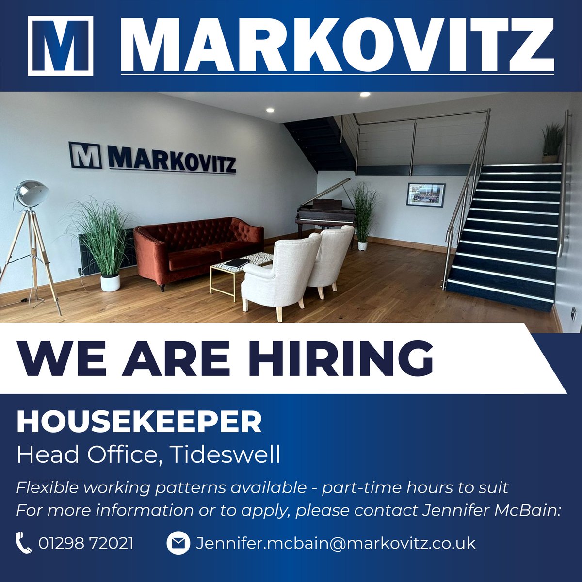📣 We are hiring!

We are looking for a housekeeper to join the team at our Head Office in Tideswell.

For more details or to apply, please contact Jennifer McBain: 📞01298 72021 ✉️Jennifer.mcbain@markovitz.co.uk