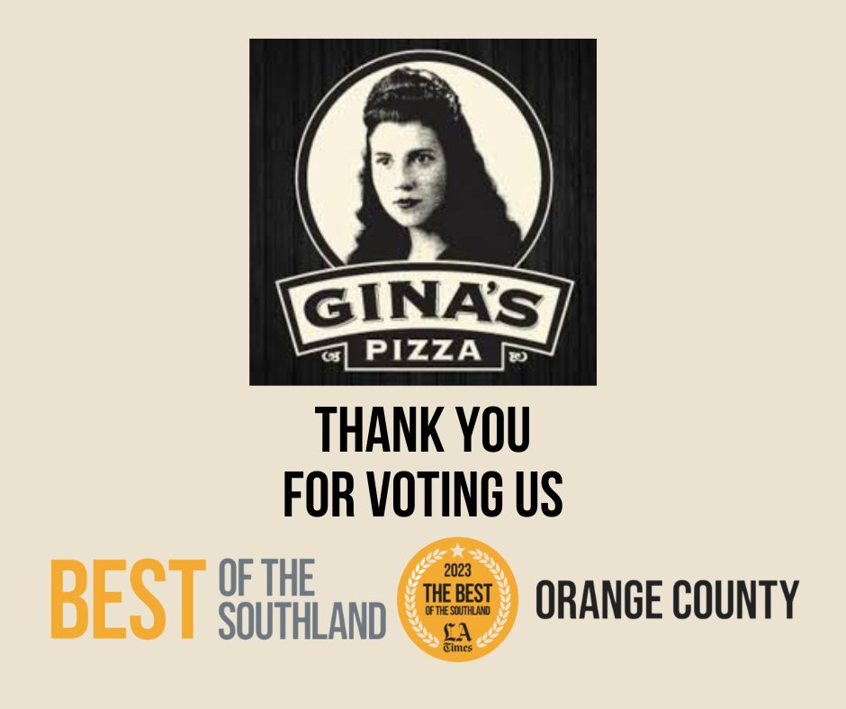 GRAZE MILLE! We're stoked you voted us Best Pizza Orange County in the 2023 LA Times The Best of the Southland Orange County! 

Craving a Biggaslice or one of our specialty pizzas now? Order online for pickup or delivery at ginaspizza.com. Thank you! 🍕🫶❤️