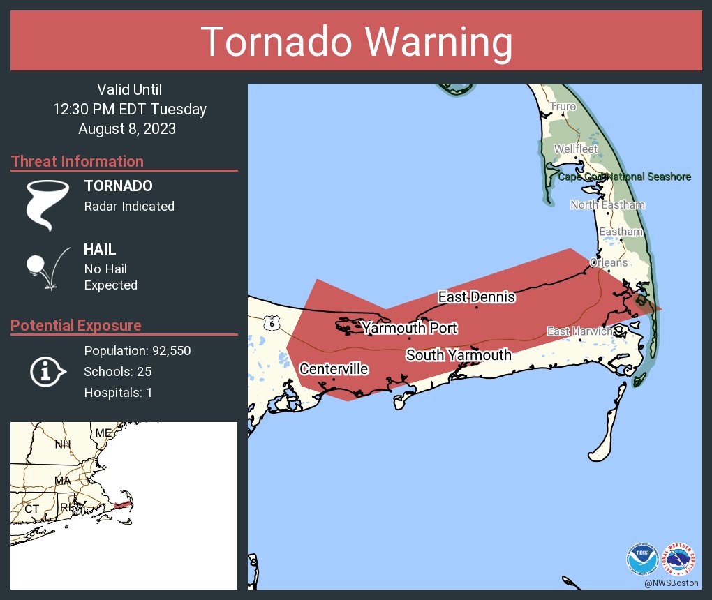 NWStornado's tweet photo. Tornado Warning continues for South Yarmouth MA, West Yarmouth MA and  Yarmouth Port MA until 12:30 PM EDT https://t.co/DqgtM46iNg