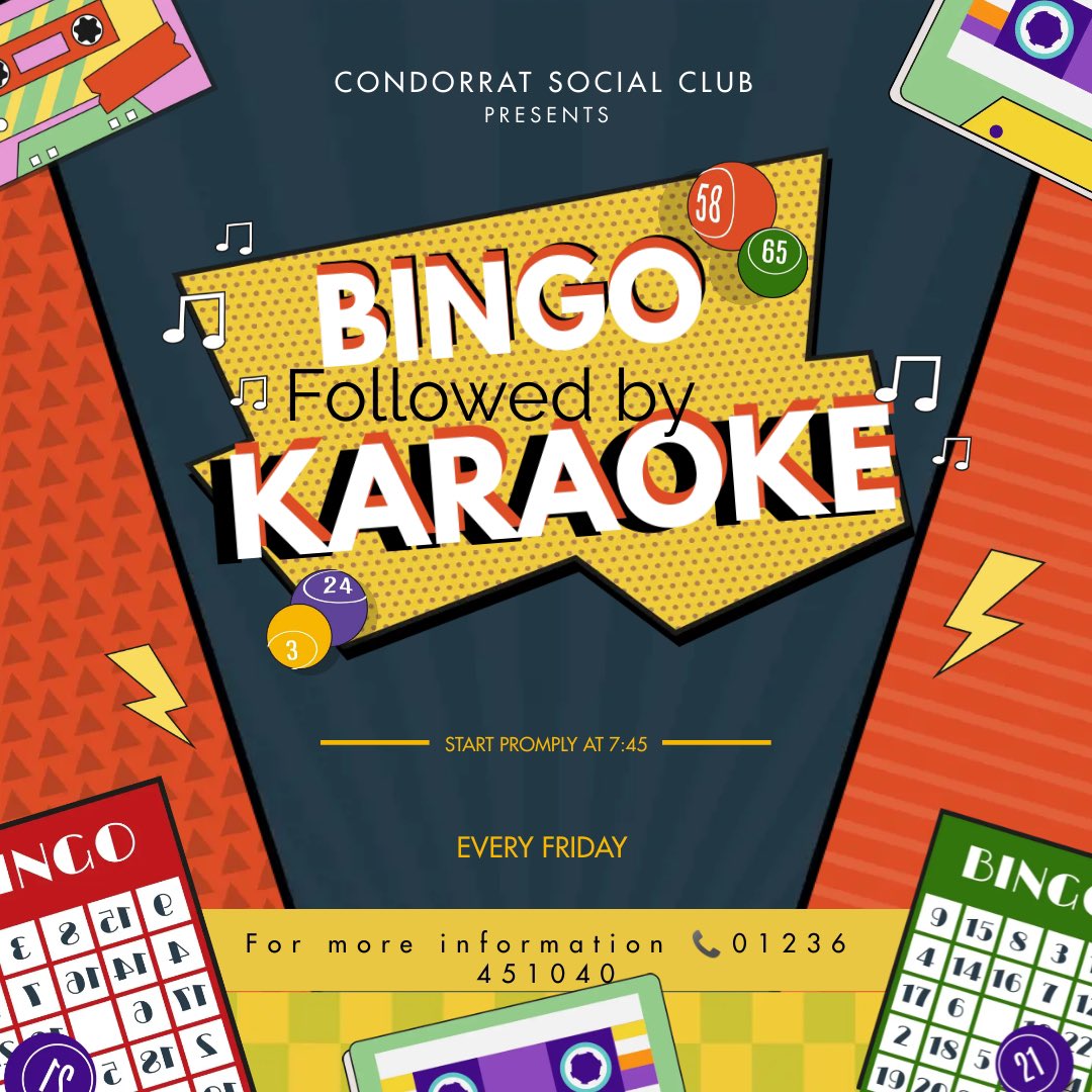 ClubCondorrat's tweet photo. This Weekend in Condorrat Social Club 

🟣Friday night we have our Bingo Karaoke with the fantastic @boogielightsdiscos eyes down 7:45 sharp 

🟣Saturday night in the lounge we have the fabulous George Wilson in to entertain you all from 8:15-12:15 

£2 entry for non members https://t.co/Bb6arKQq0A
