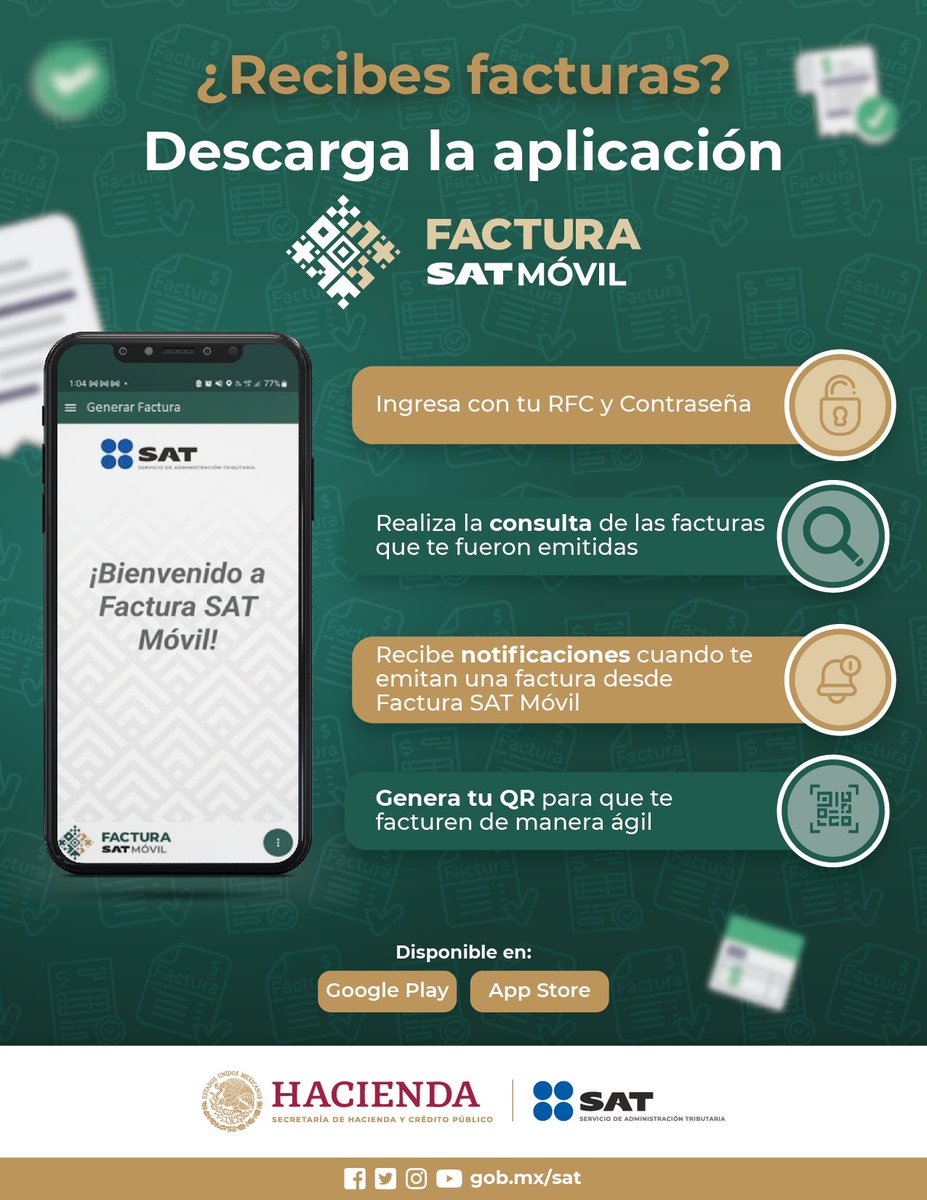 SATMX's tweet photo. #FacturaSATMóvil

Consulta las facturas que te fueron emitidas de manera fácil, rápida y segura. 

Descarga aquí la nueva herramienta digital del SAT para recibirlas y emitirlas: 

https://t.co/F7QKwGjIlp

https://t.co/8Agutczeuo https://t.co/IZTSkayb0B