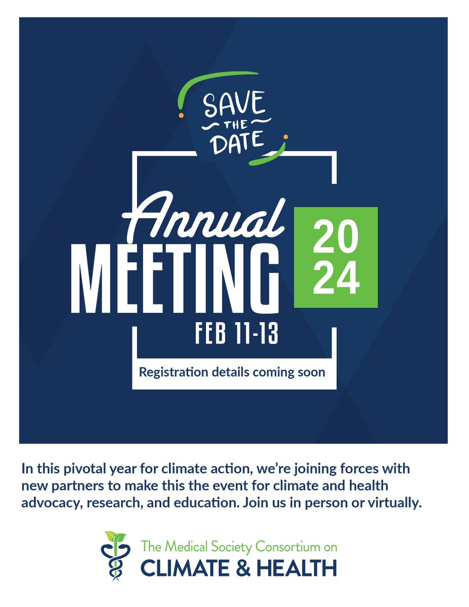 docsforclimate's tweet image. Mark your calendars!

2024 will be a crucial year for climate action, so we're teaming up with new partners to make our annual meeting THE event for climate and health advocacy, research, and education.

Stay tuned for registration details. #ClimateHealth2024