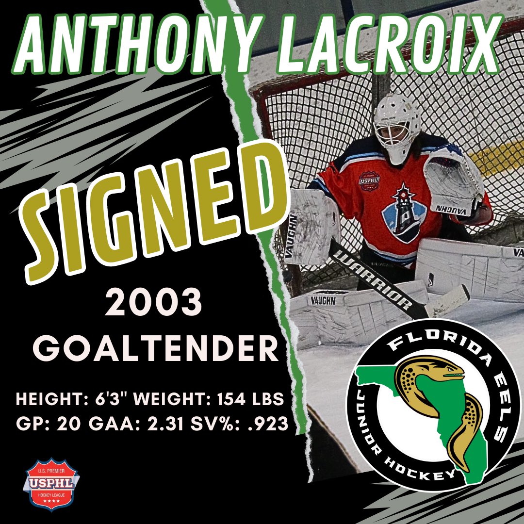 FloridaEels's tweet photo. π¨Signing Alert π¨
Florida Eels are excited to announce the signing of 03β Goaltender, Anthony LaCroix. Welcome to the Eels family, Anthony! #fleels https://t.co/QtHXQgO5Vc
