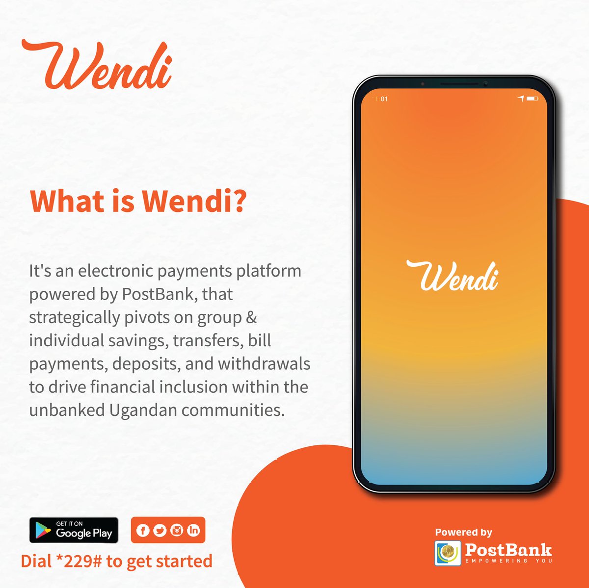 EXCITING NEWS 🗣️
.@postbankug in partnership with @Airtel_Ug bring you  the #WendiWallet; an electric payments platform with financial services for groups and individuals with a goal of driving financial inclusion within unbanked Uganda communities.#EmpoweringYou #WendiKuPostBank