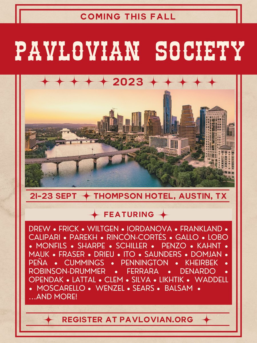 Dr. Jennifer Perusini (@jennperusiniphd) on Twitter photo 📣Attn: <a href="/PavlovSociety/">Pavlovian Society</a> Members
ABSTRACTS are due TOMORROW 8/9 by 11:59 pm ET. Submit here: forms.gle/n8cNjHzzxXPLsj…
And don't forget to register on our website: pavlovian.org. You don't want to miss this lineup!
#Pavlovian2023 📣Attn: <a href="/PavlovSociety/">Pavlovian Society</a> Members
ABSTRACTS are due TOMORROW 8/9 by 11:59 pm ET. Submit here: forms.gle/n8cNjHzzxXPLsj…
And don't forget to register on our website: pavlovian.org. You don't want to miss this lineup!
#Pavlovian2023