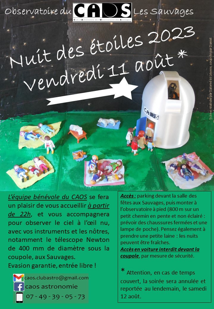 Le Caos, Club d’Astronomie de l’Observatoire des Sauvages, vous met des étoiles plein les yeux, avec la ##nuitdesétoiles  ⭐️💫
RDV vendredi 11/08  dès de 22h au pied de la coupole
Accès à pied depuis la salle des fêtes
rvrradio.fr/Des-etoiles-pl…