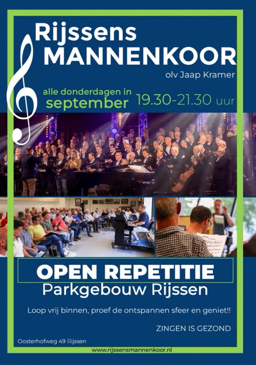 Maak kennis met het <a href="/mannenkoor/">Rijssens Mannenkoor</a> en kom in september op de donderdagavonden naar het @Parkgebouw in Rijssen.
