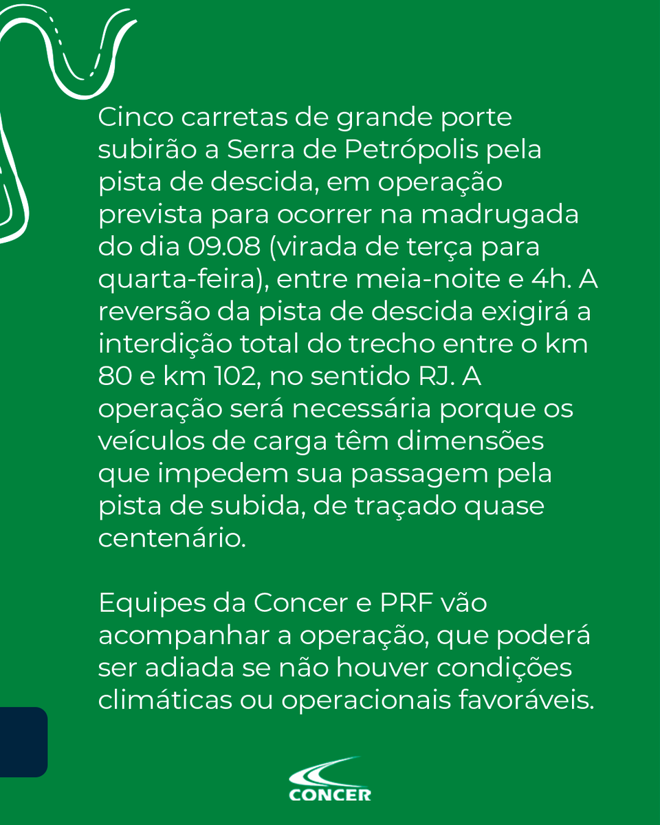 ConcerBR040's tweet image. Carretas de grande porte interditarão descida da Serra de Petrópolis na madrugada de 09/08.

Cinco carretas de grande porte subirão a Serra de Petrópolis pela pista de descida, em operação prevista para ocorrer na madrugada do dia 09.08 (virada de terça para quarta-feira), entre…
