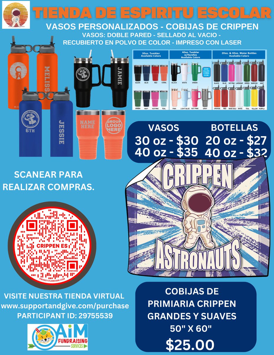 We are excited to be selling high-quality personalized tumblers and soft spirit blankets.  #rce_astronauts #7houses #1crippen #wearerce
Click on the link below to get more details and to order items today.
supportandgive.com/store/brochure…