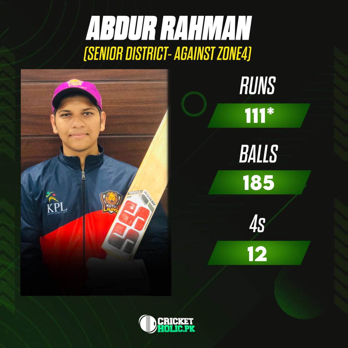 CricketHolicPK's tweet photo. Abdur Rehman, brother of Sarfaraz Ahmed played scored a brilliant 💯 today

He came in to bat when the team was 25/4 and rescued his side scoring 111* in the Senior District Cricket (red ball) 🔥

#PakistanCricket #PCB #SarfarazAhmed #CricketTwitter https://t.co/ZlOEhRqyET