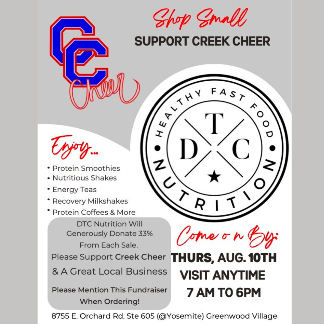 Join us for a healthy and delicious smoothie this Thursday August 10 <a href="/DTCNutrition/">DTC Nutrition</a> and support Creek Cheer! Thanks for your support! #creekcheer #cchscheer #dtcnutrition