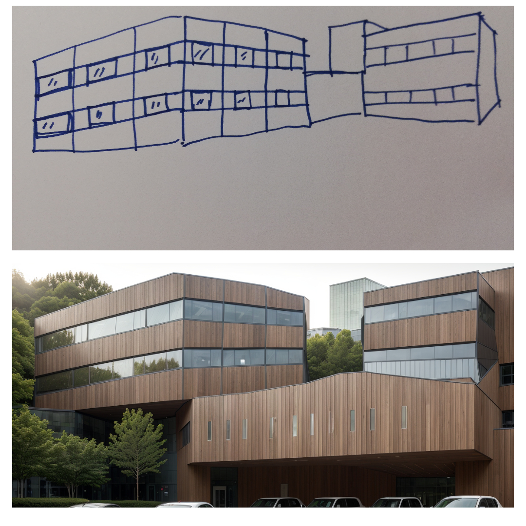 FINN_McCHAD's tweet photo. #lookX AI tool for architects less than 10mins from garbage hand sketch to useable render. 1st iteration. Think this could be fun. Anyone in the industry not getting to grips with tools like this is toast 🤖 https://t.co/APfBAaw9SE