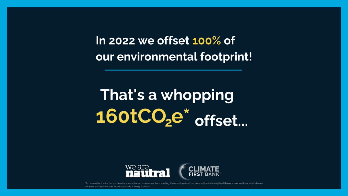 climate1stbank's tweet photo. 👏In 2022, Climate First Bank successfully offset 100% of its operational footprint! 👏
We couldn't have done it without @WeAreNeutral 💚
📖 Read more here: https://t.co/sK8rfut4Vw
#climatecrisis #sustainability #environment #ClimateFirstBank https://t.co/GXaSi45iSq