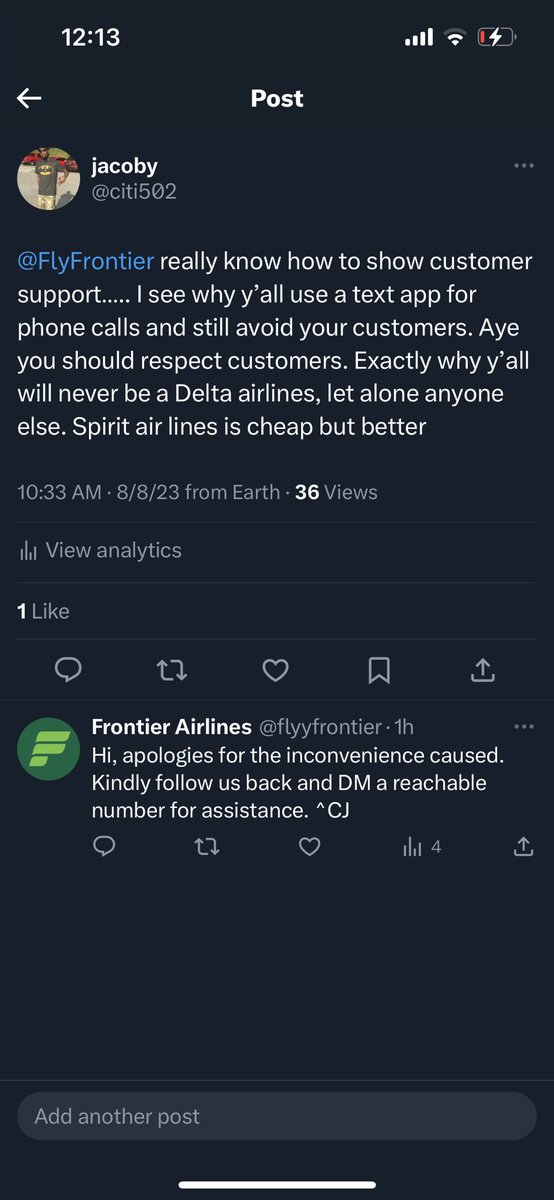 citi502's tweet photo. @flyyfrontier what’s sad is as a paying customer, I have to go to social media for someone to reach out &amp; when y’all do, (no phone call but inboxes) y’all still keep your word (just inbox). This why I keep all receipts…. Bad customer service with no help… https://t.co/UJgNHn6JpX