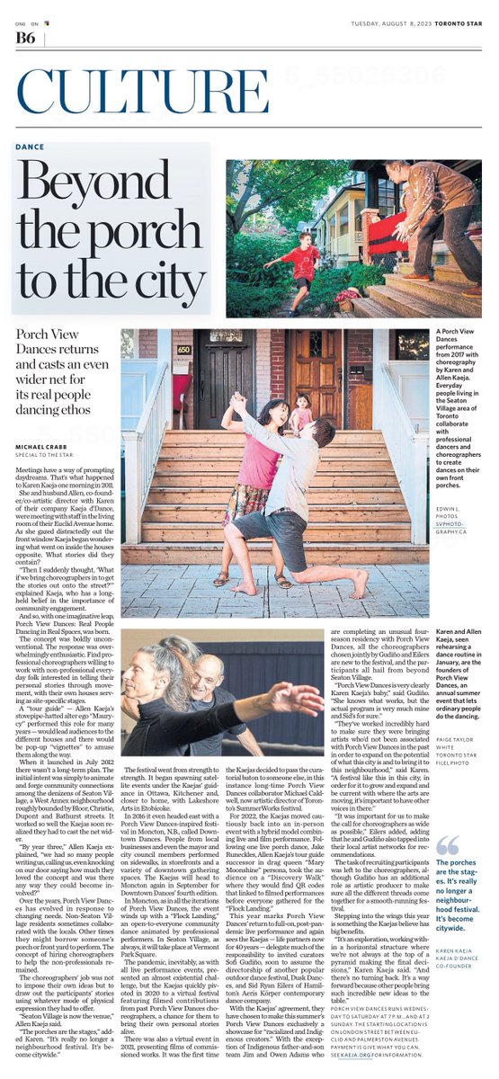 Discover the latest about this year's Porch View Dances (PVD) in today's Toronto Star Culture's exclusive coverage!  Thank you, Michael and <a href="/TorontoStar/">Toronto Star</a>! 

Tap the image below to have a full read, or visit ow.ly/1UVb50Pv3Qk for the full e-newspaper!
