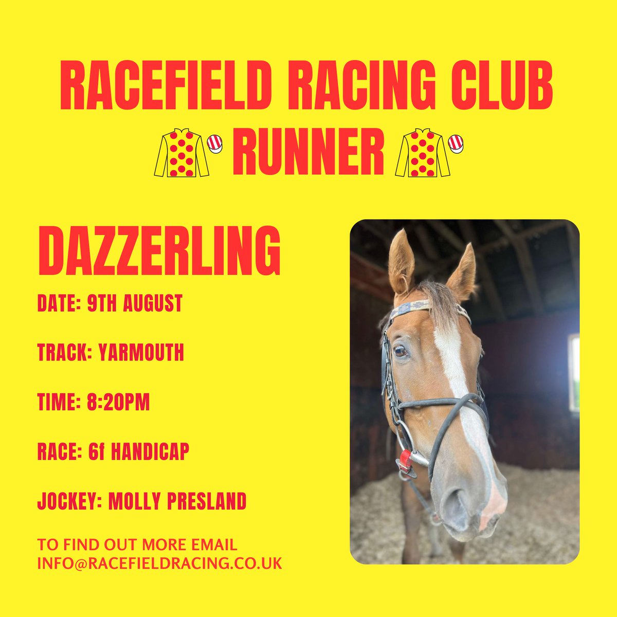 We have our first runners tomorrow as PLEDGE OF PEACE and DAZZERLING head to Great Yarmouth 🏇 Join in with the fun by becoming a Club member, giving you access to a range of perks including stable visits, race day tickets and more! Email info@racefieldracing.co.uk