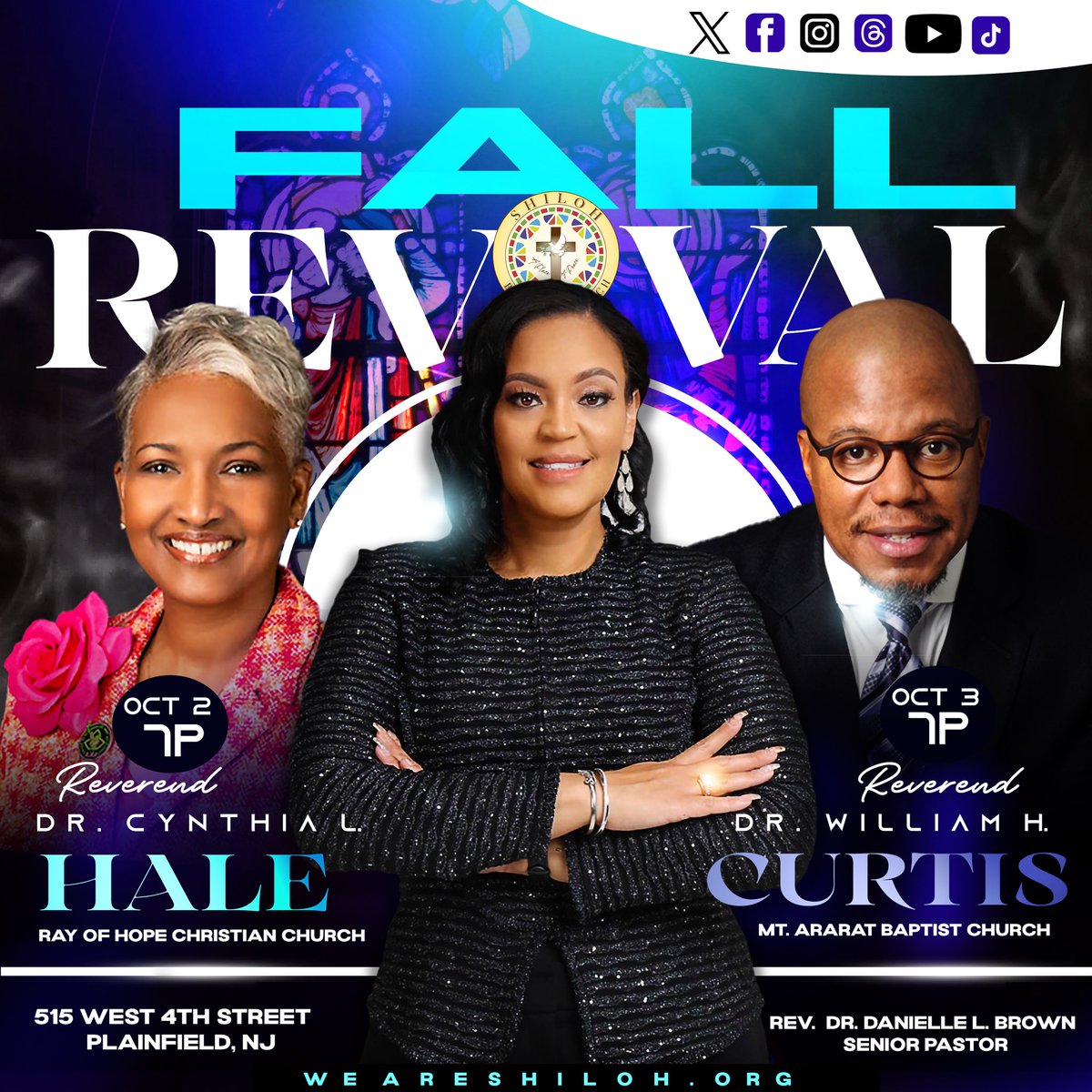Save the Dates!!! October is for Revival!! 🔥🔥🙌🏽🙌🏽

Monday, Oct. 2 @ 7pm - Rev. Dr. Cynthia L. Hale

Tuesday, Oct. 3 @ 7pm - Rev. Dr. William H. Curtis

#experienceshiloh #weareshiloh #theplaceofpeace #go23 #see #share #soar