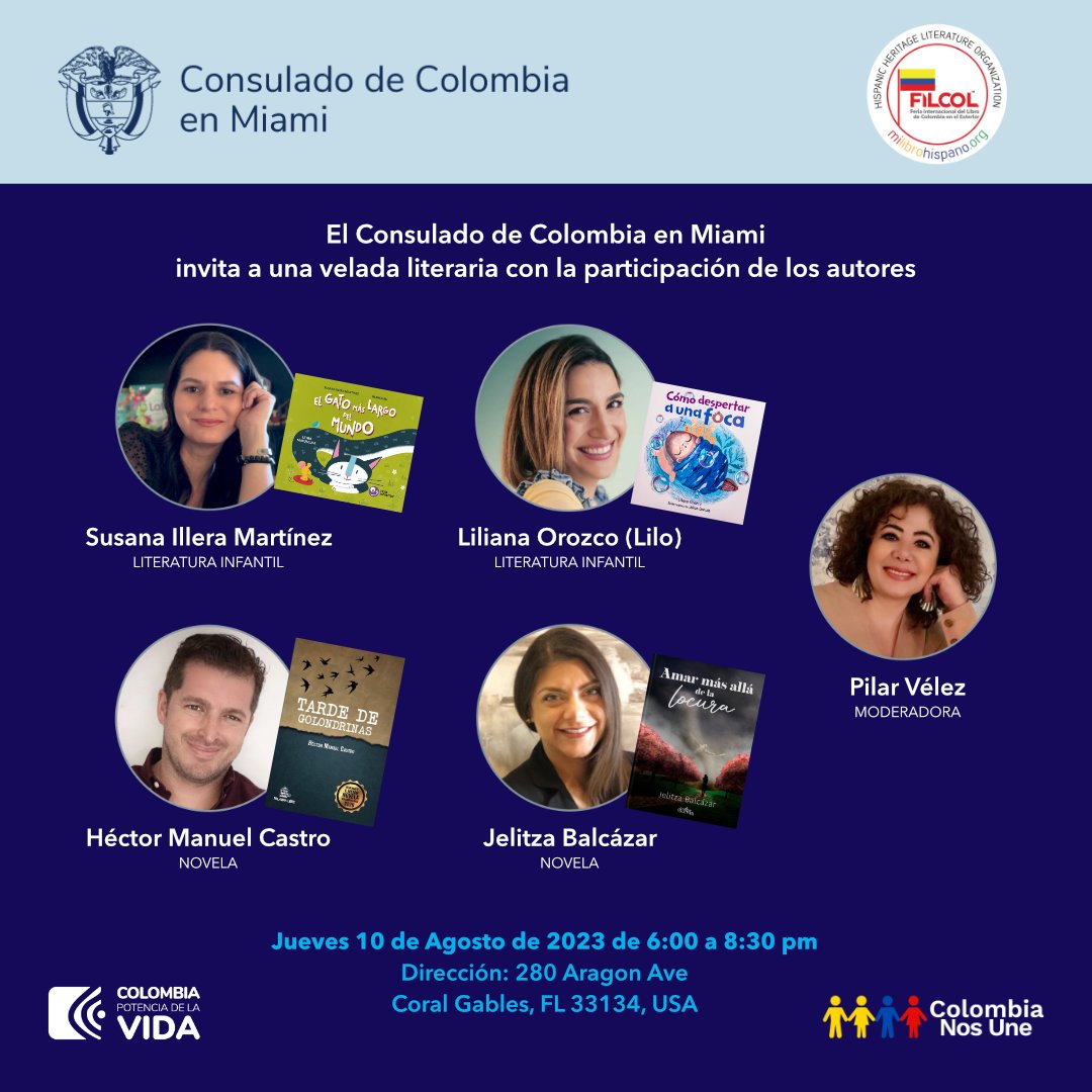 MiLibroHispano's tweet photo. No se pierdan este gran evento cultural abierto a la comunidad.
¡Los esperamos en el Consulado de Colombia en Miami!
Jueves 10 de agosto a partir de las 6 pm.

RSVP ➡️ https://t.co/piKRhcNkxN

#ColombiaNosUne #Colombianosenmiami #EscritoresColombianos #FILCOL https://t.co/CGufo0YAzE