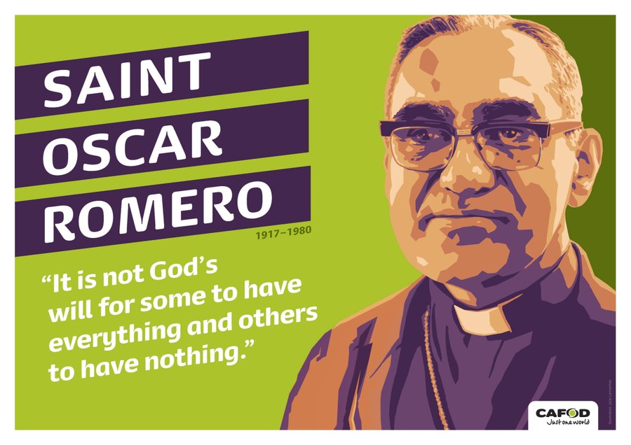 CAFODSchools's tweet photo. Today we’re celebrating Saint Oscar Romero's birthday! Romero was our partner &amp; friend whose commitment to the poor &amp; passionate belief in justice continues to inspire our work. Let’s celebrate his life, a guiding light to the poor communities of El Salvador &amp; for the whole world https://t.co/m1qcg0PbtM