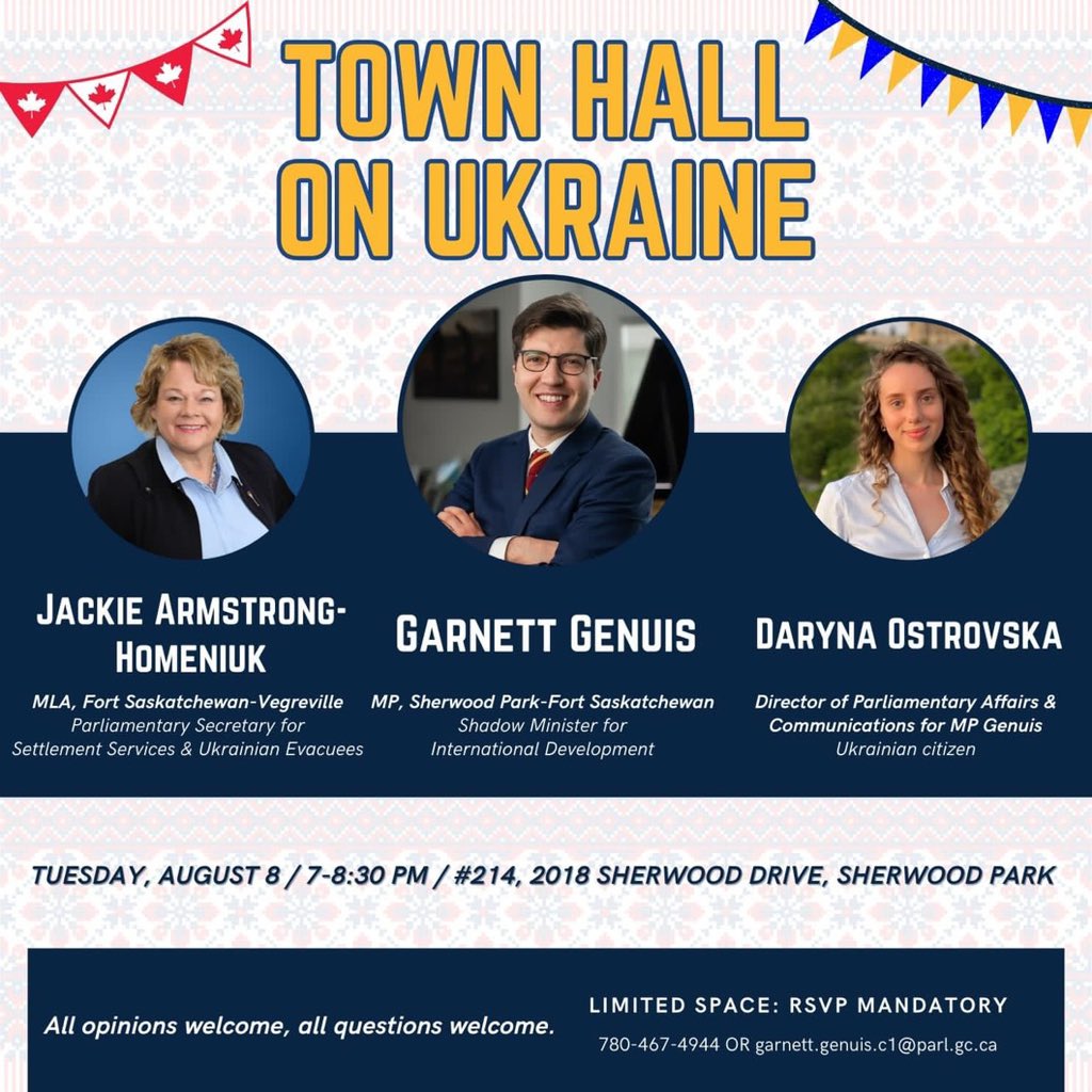 GarnettGenuis's tweet image. Our townhall on #ukraine is TODAY. We still have a few spots left and an RSVP is required. #shpk #fortsask