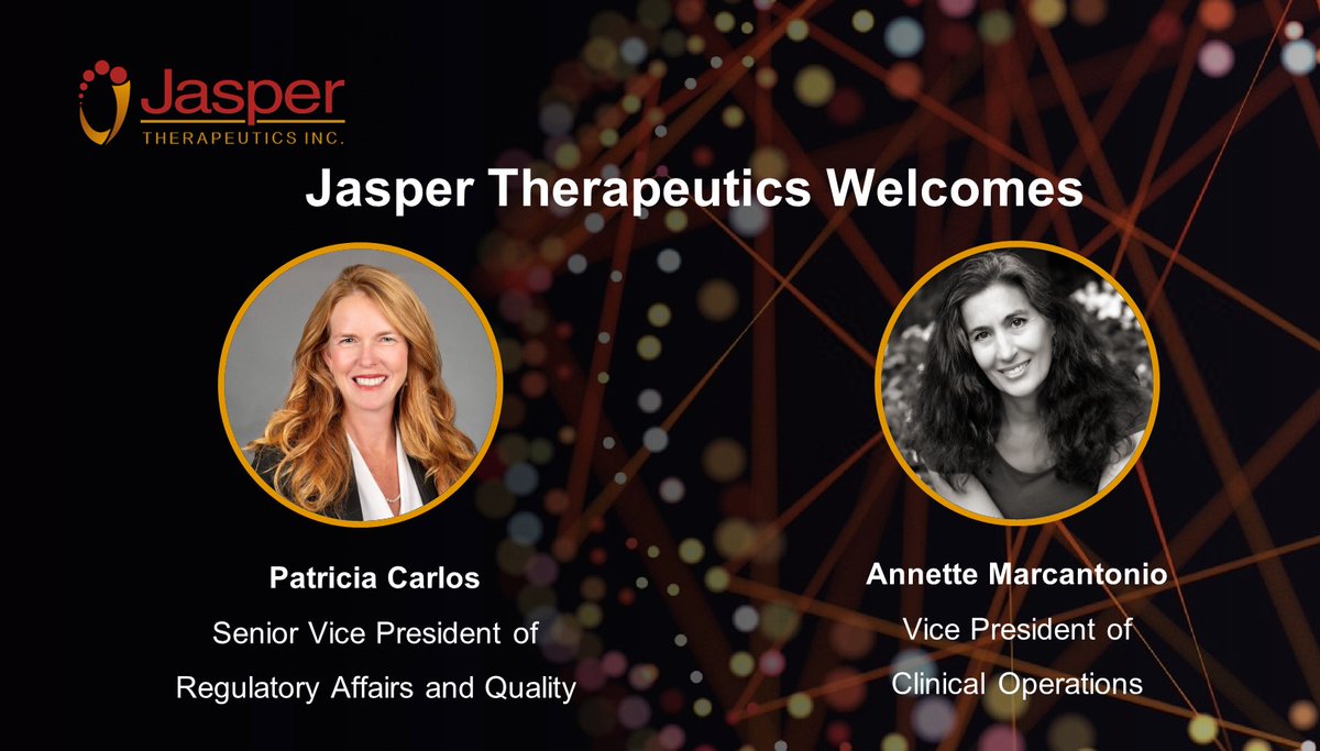JasperBio's tweet photo. Jasper is excited to announce the addition of Patricia Carlos (SVP, Regulatory Affairs and Quality) and Annette Marcantonio (VP, Clinical Operations) to the team! https://t.co/nE3EGBDudj https://t.co/Xr1NuVZFLM