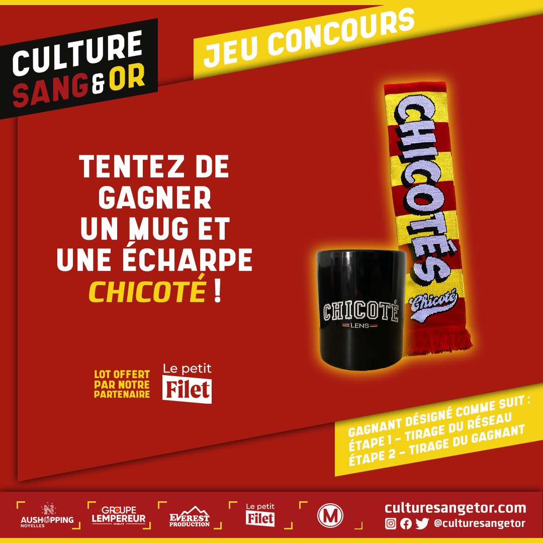 CultureSangEtOr's tweet photo. [Jeu concours | 🎁]

Pour fêter la reprise de la Ligue 1, #LePetitFilet vous fait gagner un mug et une écharpe 𝘾𝙃𝙄𝘾𝙊𝙏𝙀́ !

Pour participer :
➡️ Suivez @CultureSangEtOr
➡️ RT + mentionnez un ami en commentaire

🏆 TAS &amp; annonce du gagnant le 11/08/2023

#RCLens 🔴🟡 https://t.co/HCFf7NLYA0