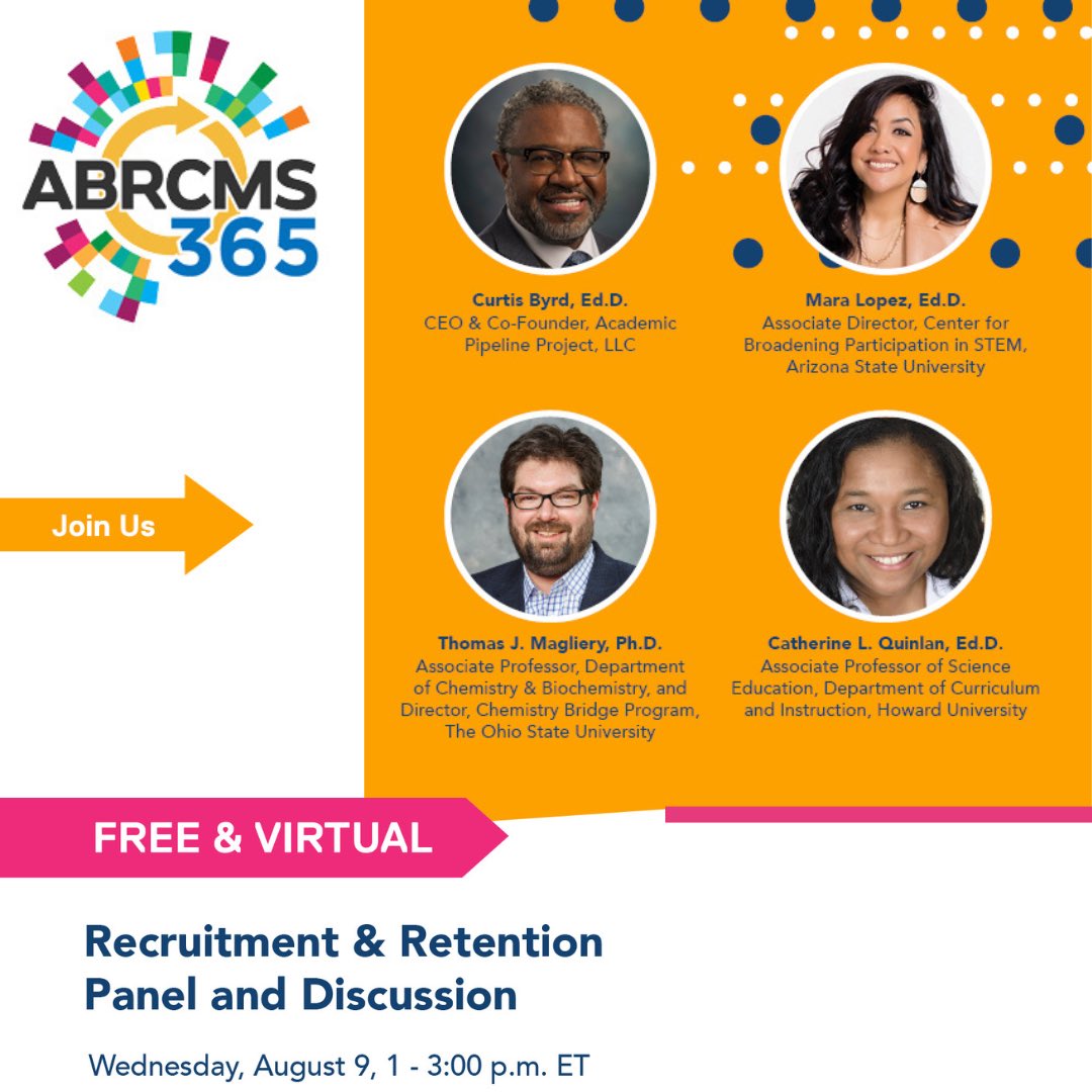 DEI in STEM grad programs is a desired goal of many universities. While progress has been made, challenges remain. The ABRCMS365: Recruitment & Retention Panel offers an opportunity to hear from experts regarding ways departments/institutions can facilitate better STEM outcomes.