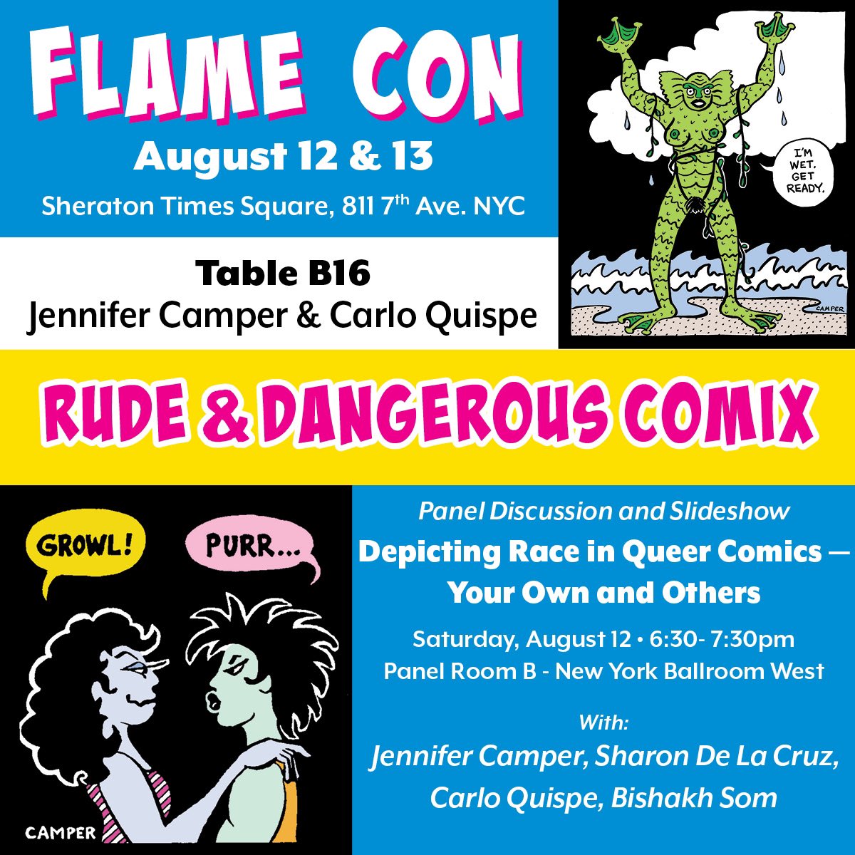 All the banned comics and more! Join us at @FlameCon this weekend. Table B16 with @UranusComics Carlo Quispe. Our panel is on Sat at 6:30 pm with Bishakh Som, Carlo Quispe, & Sharon de le Cruz.