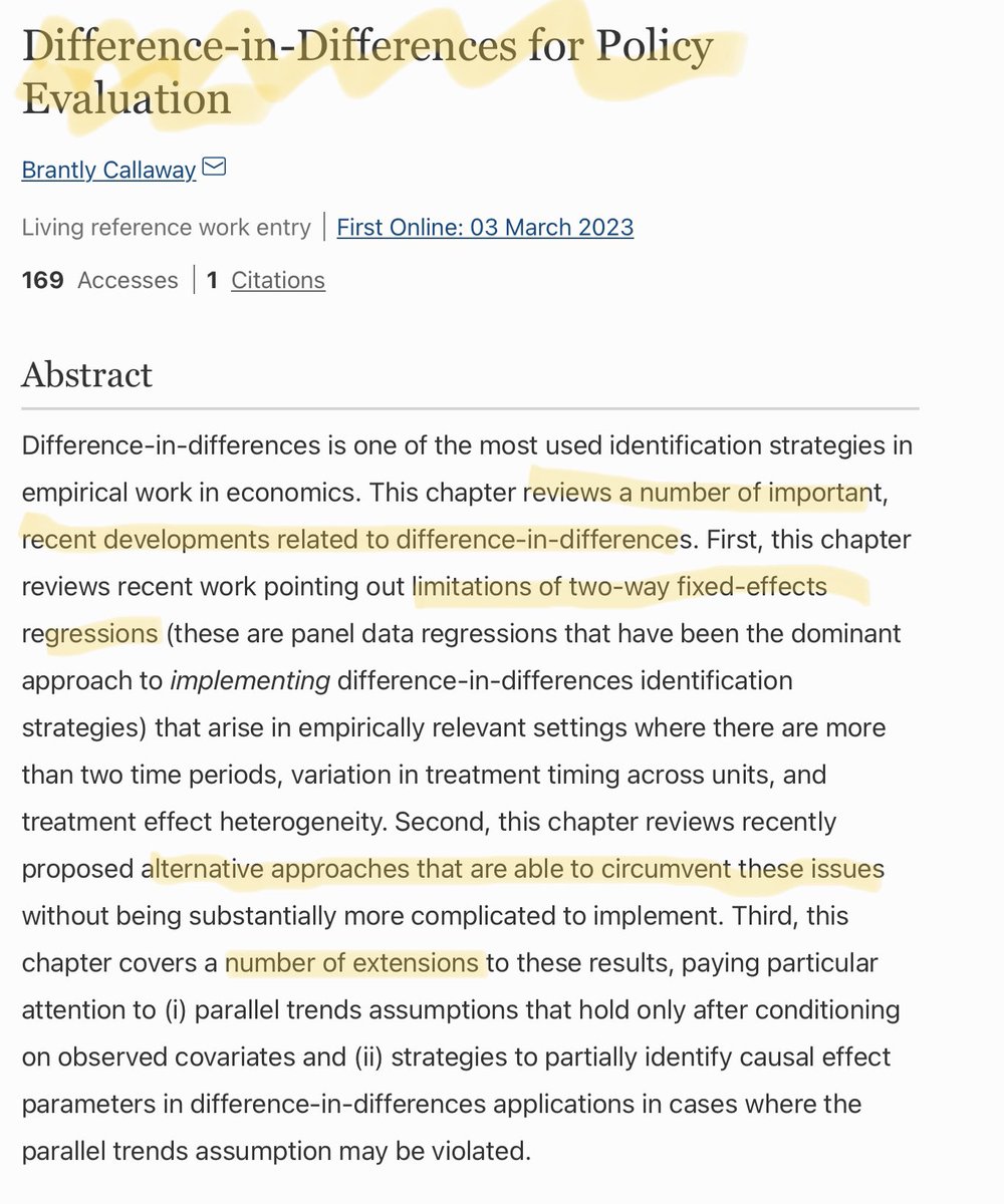 Giuseppe Cavaliere (@cavalieregiu) on Twitter photo Hi #EconTwitter!
Interested in difference in differences (𝐃𝐢𝐃) #econometrics for 𝐩𝐨𝐥𝐢𝐜𝐲 𝐞𝐯𝐚𝐥𝐮𝐚𝐭𝐢𝐨𝐧?
Check out this survey by Brantly Callaway, nicely complementing the <a href="/JEconometrics/">Journal of Econometrics</a> “how to” paper by <a href="/jondr44/">Jonathan Roth</a>, <a href="/pedrohcgs/">Pedro H. C. Sant'Anna</a>, <a href="/ambilinski/">Alyssa Bilinski</a> & Poe.
Get it now!👇 Hi #EconTwitter!
Interested in difference in differences (𝐃𝐢𝐃) #econometrics for 𝐩𝐨𝐥𝐢𝐜𝐲 𝐞𝐯𝐚𝐥𝐮𝐚𝐭𝐢𝐨𝐧?
Check out this survey by Brantly Callaway, nicely complementing the <a href="/JEconometrics/">Journal of Econometrics</a> “how to” paper by <a href="/jondr44/">Jonathan Roth</a>, <a href="/pedrohcgs/">Pedro H. C. Sant'Anna</a>, <a href="/ambilinski/">Alyssa Bilinski</a> & Poe.
Get it now!👇