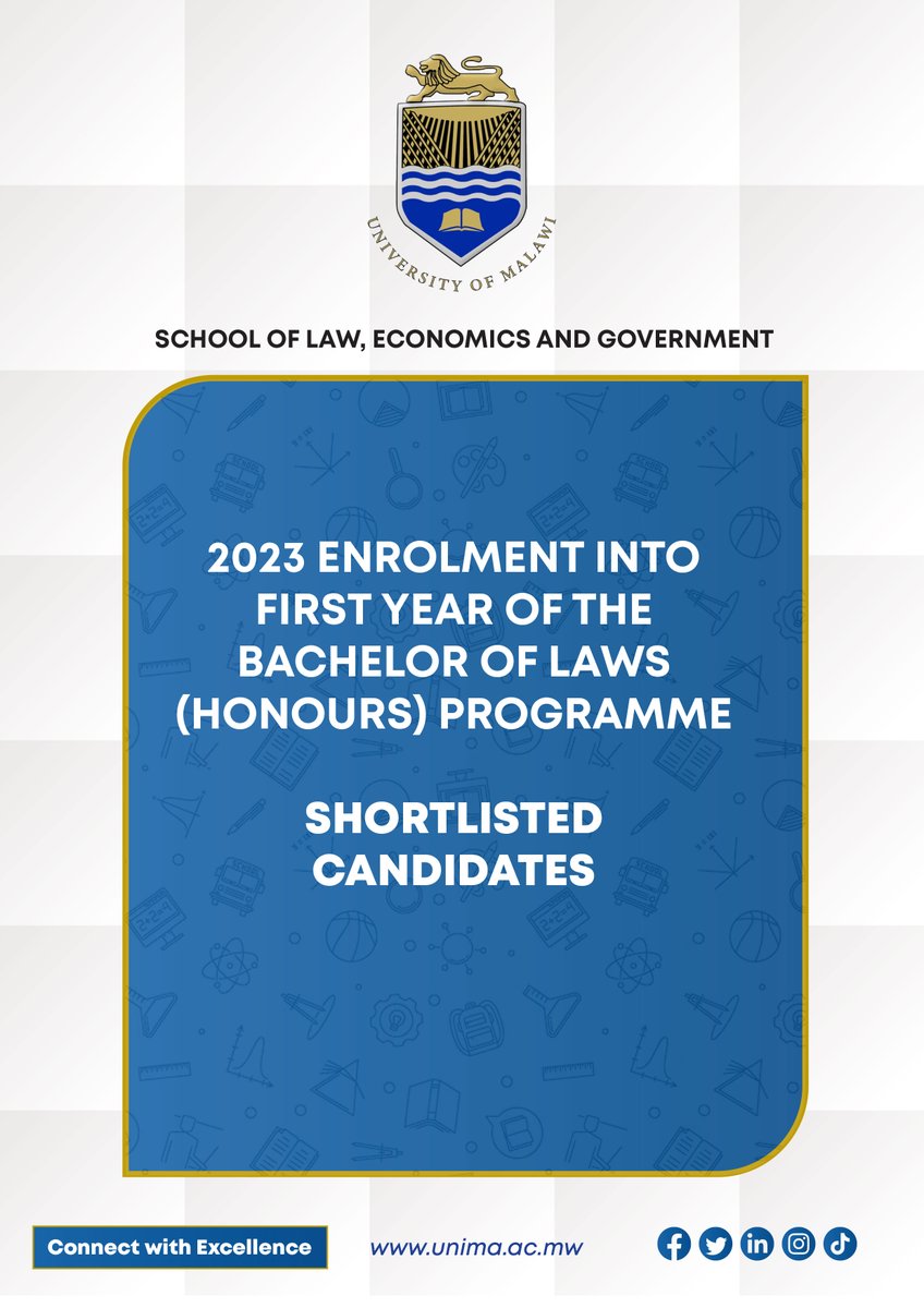 The School of Law, Economics and Government has shortlisted candidates for an assessment exercise for the 2023 Bachelor of Laws (Honours) and Diploma in Law Programmes

To view the list of shortlisted candidates please click the following link:unima.ac.mw/announcements/…