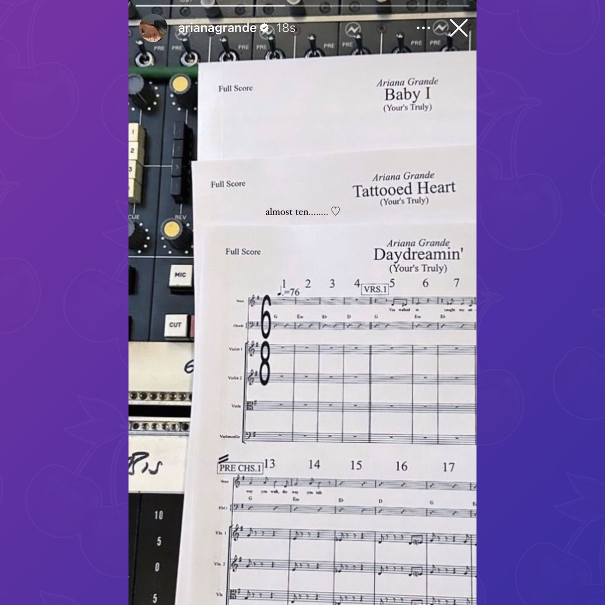 PopBase's tweet photo. Ariana Grande shares studio photo with the piano sheets from her debut album:

“almost ten…..” https://t.co/q4PWGklm1v