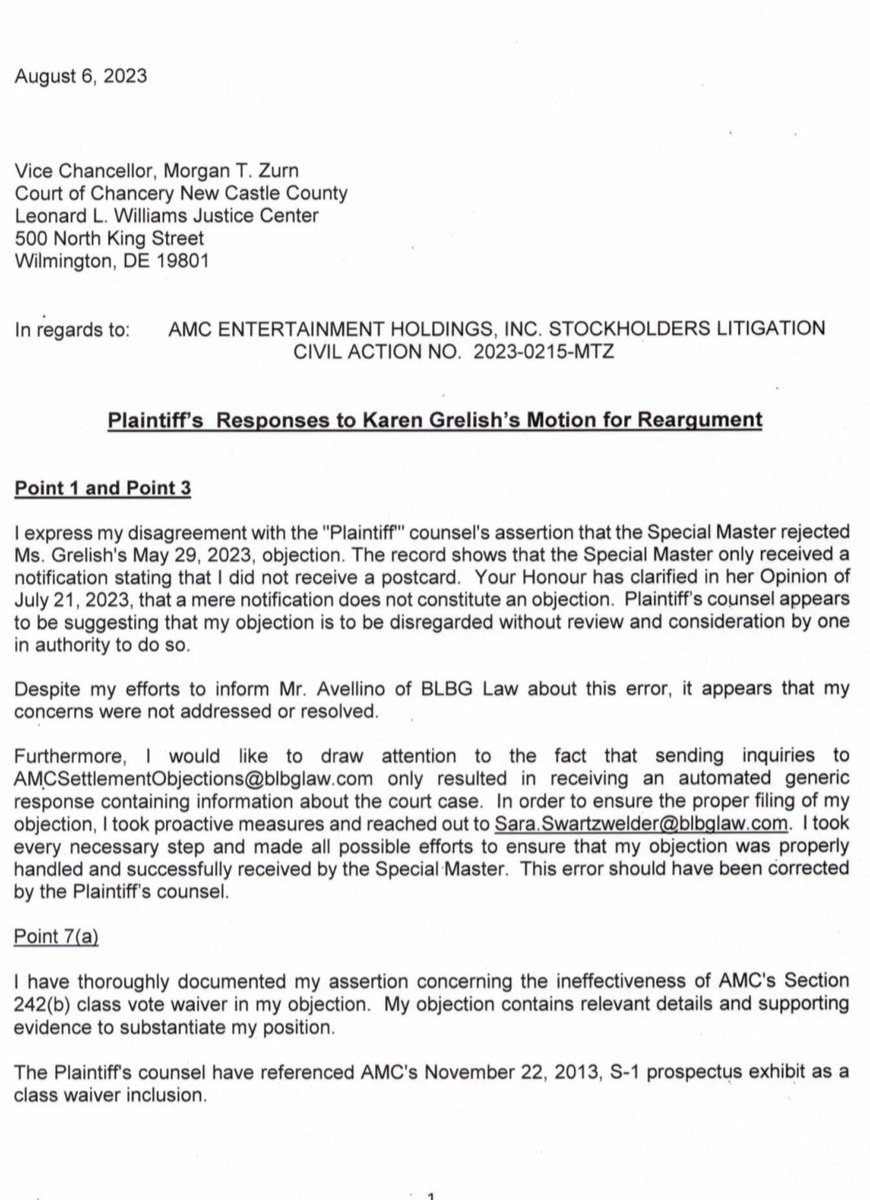 DaviddGreat1's tweet image. In 🦍🦍🦍's News:
$AMC Investor Karen Grelish just Filed her Response to Plaintiffs' Attorneys argument Special Master rejected her Objection &amp;amp; Shows Evidence Plaintiffs' Attorneys Dropped d Ball, read d Attached docs. Was this by Mistake or Intentional ❓️#LegalMalpractice ❓️