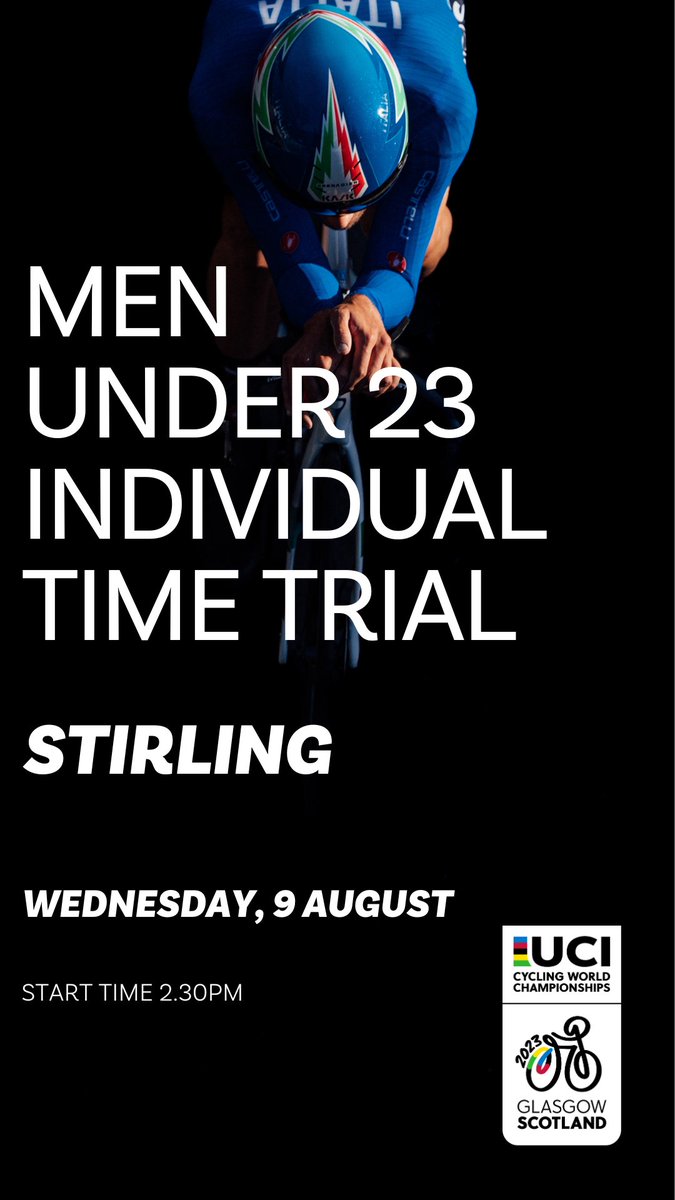 StirlingAWS's tweet photo. Day 1 of the Stirling's Individual Time Trials is here. Today we have the Men under 23 Individual Time Trial at 2:30 pm.   

Programme and information available here: https://t.co/Y9lHWetAYp

#PoweroftheBike #Stirling @CyclingWorlds @UCI_cycling https://t.co/ei7h92jDOd