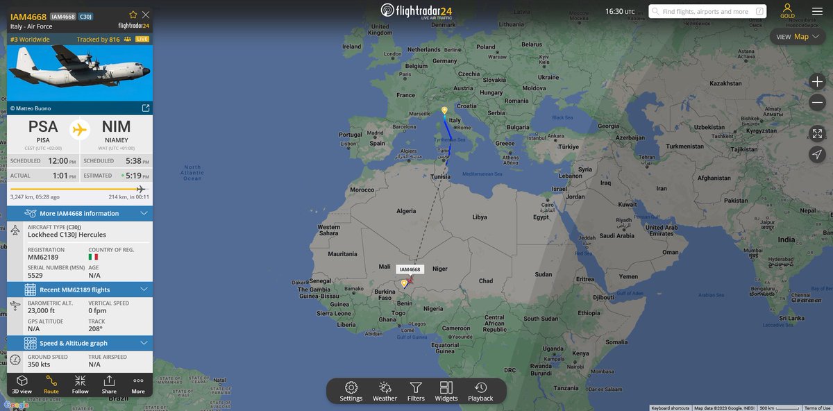 fabsenbln's tweet photo. #Niger🇳🇪 - An Italian🇮🇹 Air Force C-130J Hercules (reg. MM62189 | #33FFE7) is on its way to #Niamey from Pisa. According to a report by @RaiNews today, about 290 Italian soldiers are still in Niger. https://t.co/OlBzZ134rq