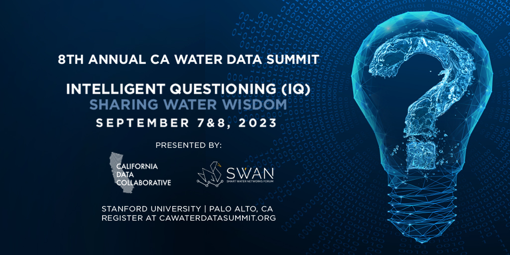 Don't miss out on the 8th Annual CA Water Data Summit on Sept. 7-8, 2023. 

Join industry experts, innovative companies, and prestigious academic institutions and dive into "Intelligent Questioning" and sharing water wisdom. Reserve your seat today:
bit.ly.com/2023DataSummit