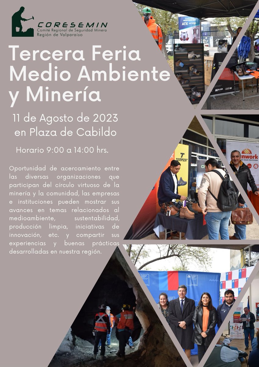 CoreseminValpo's tweet photo. Los invitamos a visitar la Tercer Feria Medio Ambiente y Minería, a efectuarse este viernes 11 de agosto en Plaza de Armas de #Cabildo. #medioambiente #seguridad #mineria https://t.co/4aRdBfxWCY