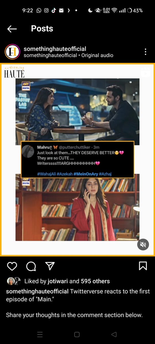 putterchuttiker's tweet photo. Goizzzzzzz....
I'm not well AT ALL 😭😭
Wahaj shared this reel of @Something_Haute on his IG story...🥹
& Iss mein meri tweet bhi he regarding #MeinOnAry 😭
Fsgfsgssgshgs😭
Byeeeeeeeee
#WahajAli #Azekah #AyezaKhan https://t.co/PBRGgIctUj