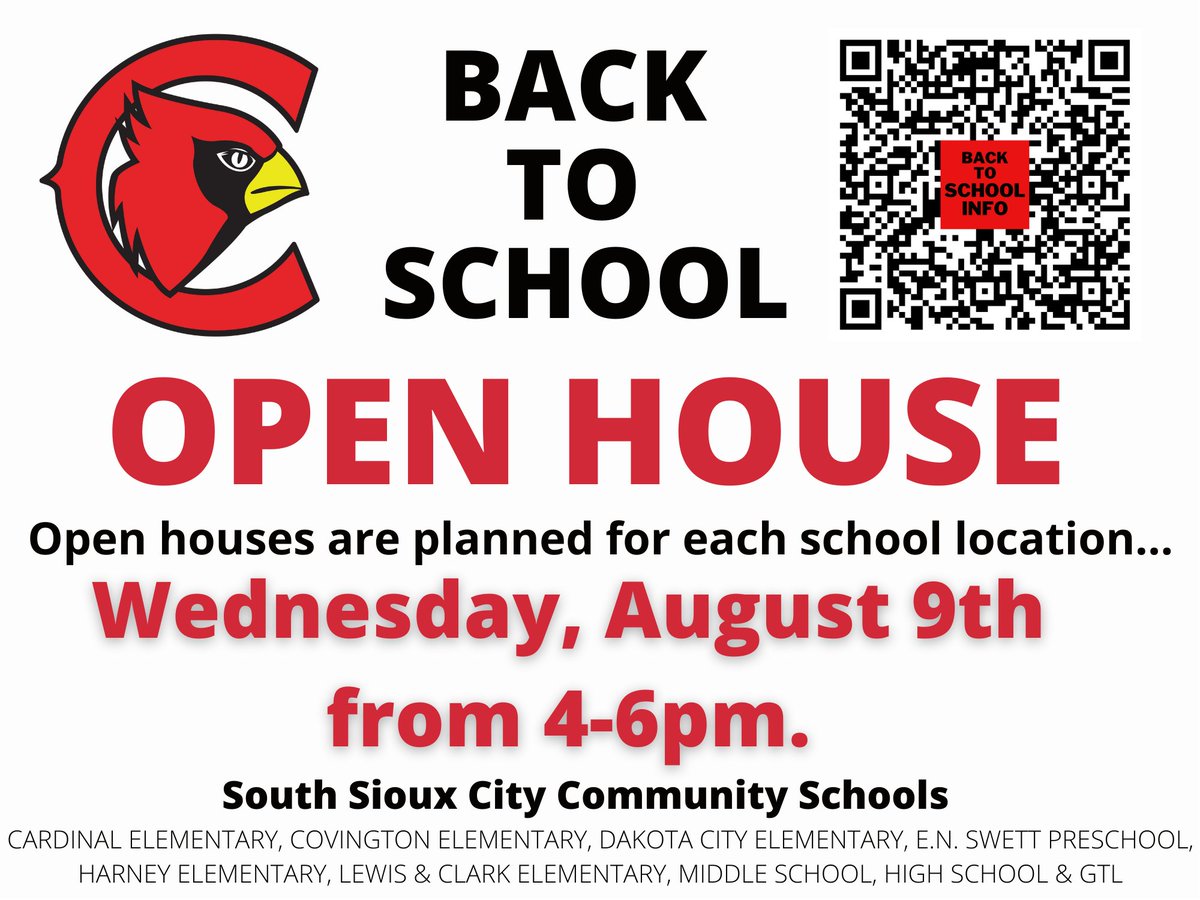 SSCcardinalNews's tweet photo. Our "Back-to-School" Open Houses are scheduled for all buildings tomorrow, Wednesday, August 9th, from 4:00 p.m. - 6:00 p.m.  This is for all students, preschool through the 12th grade.  https://t.co/hPcuMFaX89
#WeAreSSC #CardPride #GoCards #sscCARDS https://t.co/9gr5juAMQQ
