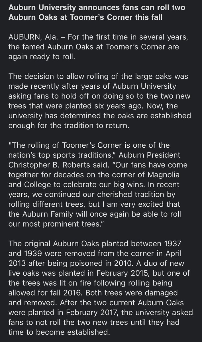 _JHokanson's tweet image. Auburn fans are now allowed to roll the two main oaks at Toomer’s Corner the university announced