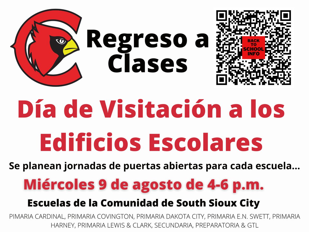 SSCcardinalNews's tweet photo. Our "Back-to-School" Open Houses are scheduled for all buildings tomorrow, Wednesday, August 9th, from 4:00 p.m. - 6:00 p.m.  This is for all students, preschool through the 12th grade.  https://t.co/hPcuMFaX89
#WeAreSSC #CardPride #GoCards #sscCARDS https://t.co/9gr5juAMQQ