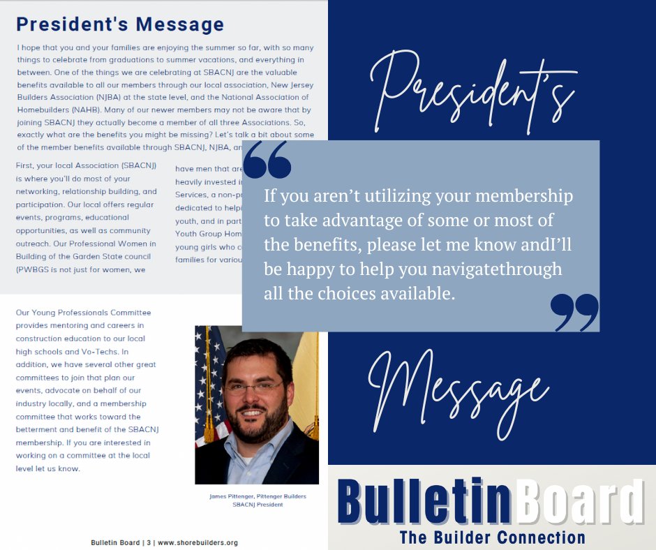 SBACNJ's tweet photo. We're keeping our theme of Membership going with the newest issue of Bulletin Board Magazine. You may be missing out on some great member benefits, but don't worry, SBACNJ's President, James Pittenger outlines it all in his latest President's Message https://t.co/qWmdAa5FQX 
 ... https://t.co/Gew4zoQJQb
