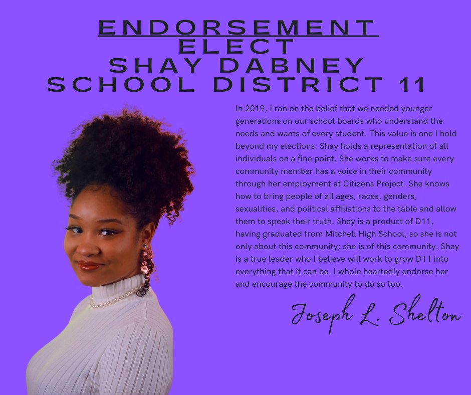 JosephLShelton's tweet image. I am proud to announce my support for the candidates for Colorado Springs School District 11 Board of Education. I am especially proud and honored to announce my endorsement and support for Darleen Daniels and Shay for D11.
#CSSD11 #Elections #SchoolBoardElections