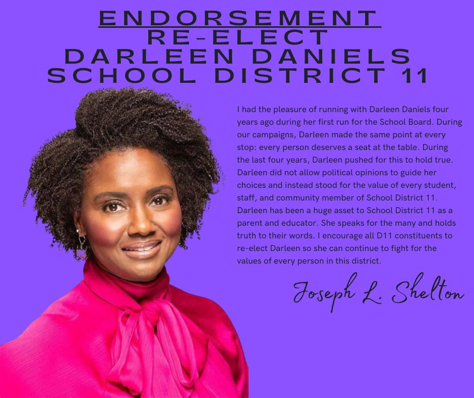 JosephLShelton's tweet image. I am proud to announce my support for the candidates for Colorado Springs School District 11 Board of Education. I am especially proud and honored to announce my endorsement and support for Darleen Daniels and Shay for D11.
#CSSD11 #Elections #SchoolBoardElections