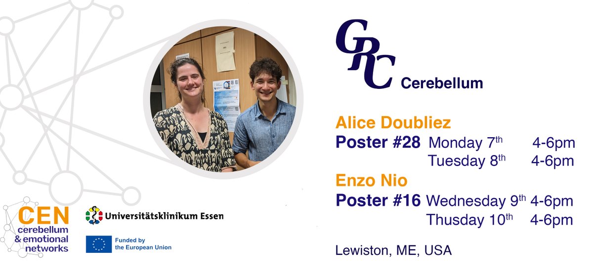 These two clever guys will be presenting posters #16 and #28 today and tomorrow at the #GRCcerebellum

They are happy to chat about the research they do at the @ELH_Institute and @UniklinikEssen

#CerebellumAndEmotions #IntroduceYourself #SayHello