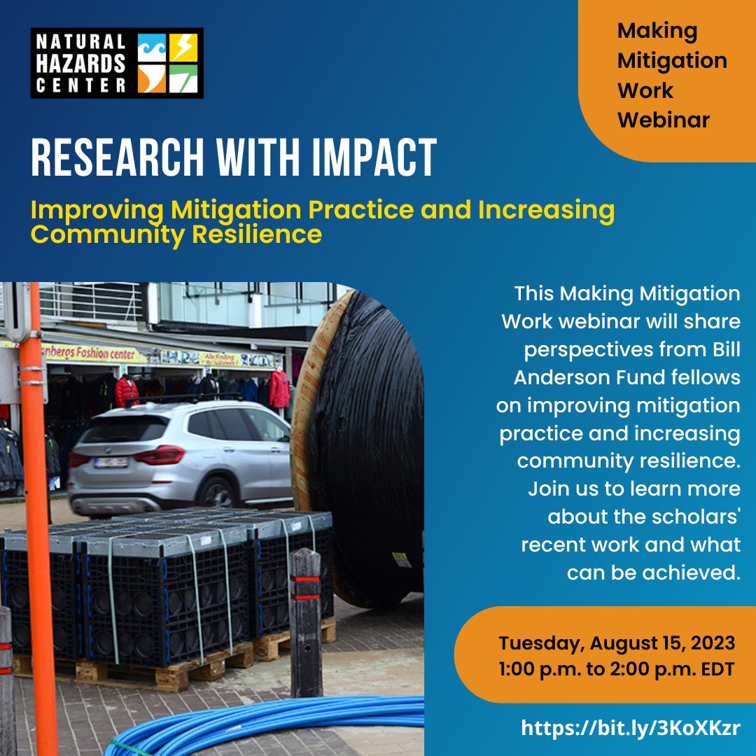 HazCenter's tweet photo. Join us next Tuesday, August 15, at 1 p.m. EDT for the latest #MakingMitigationWork webinar on mitigation and community resilience!
https://t.co/dYuSVbU6Tn

@BAFFellows @fema https://t.co/VIS2B59UoR