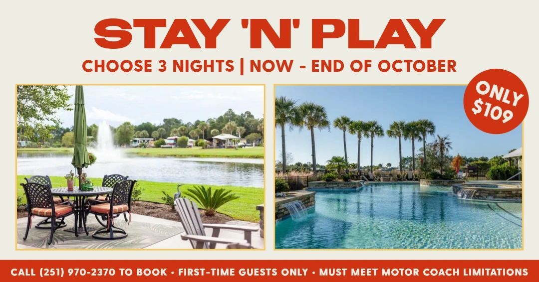 Experience our way of life! Bella Terra's Stay 'n' Play is here till October 2023! Enjoy a delightful three-night stay of your preference for just $109. Our quick 30-minute property tour might make your visit a dream come true! To begin, dial (251) 970-2370.
