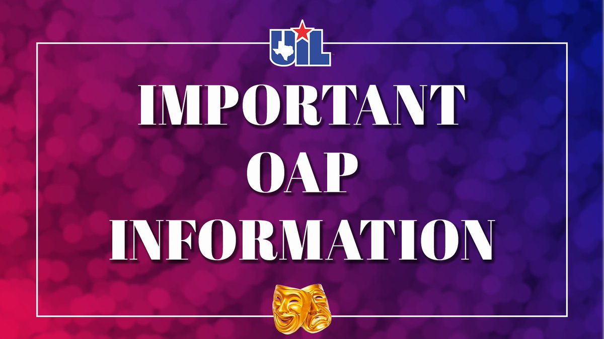 uiltexas's tweet photo. Attn. OAP Directors 🎭  

Reminder that TOMORROW August 10 is the:   
✅ First day to contact a single adjudicator or first member of a panel for District or Zone contests 
✅ First day to draw performance order  

https://t.co/PzftebHhyG https://t.co/8jPjRQoK54