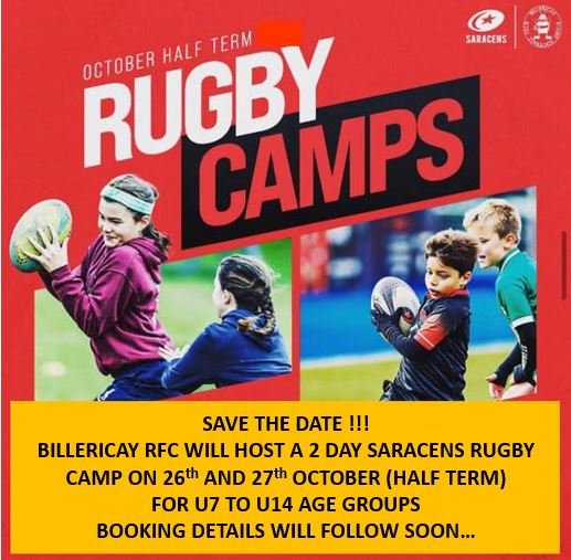 SARACENS RUGBY CAMP FOR OCTOBER HALF TERM!
Save the date!

Billericay RFC and Saracens Community Team are planning another half-term rugby camp for 26th and 27th October (Thursday and Friday of half term)

Booking details available soon...

<a href="/SarriesRugbyDev/">Saracens Community</a>