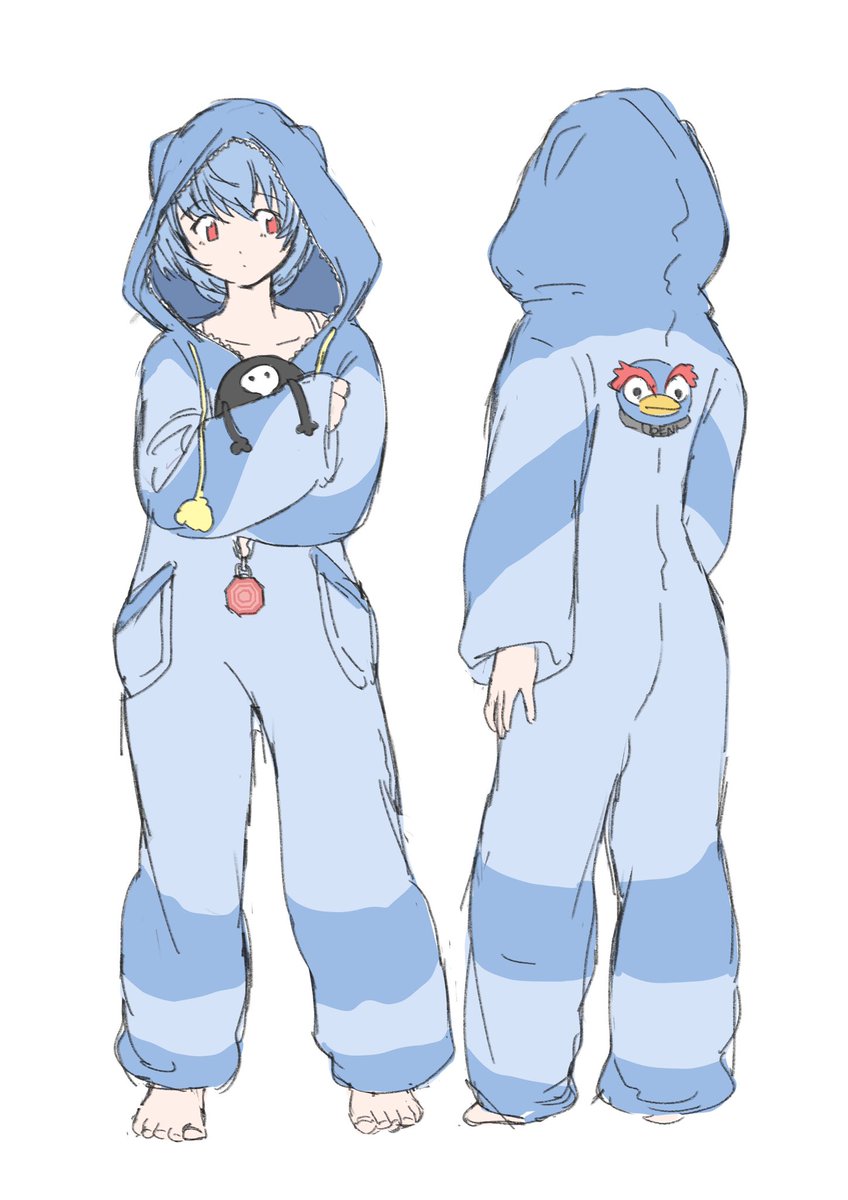 ayanami rei 1girl blue hair red eyes pajamas hood penguin white background  illustration images